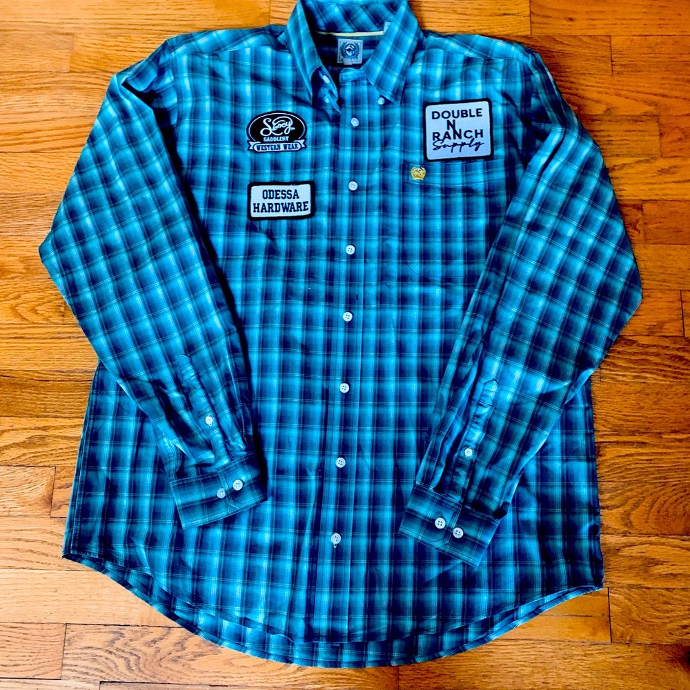 NWOT Cinch S/ M Mens Blue Rodeo shirt with patches from Double N Ranch & more